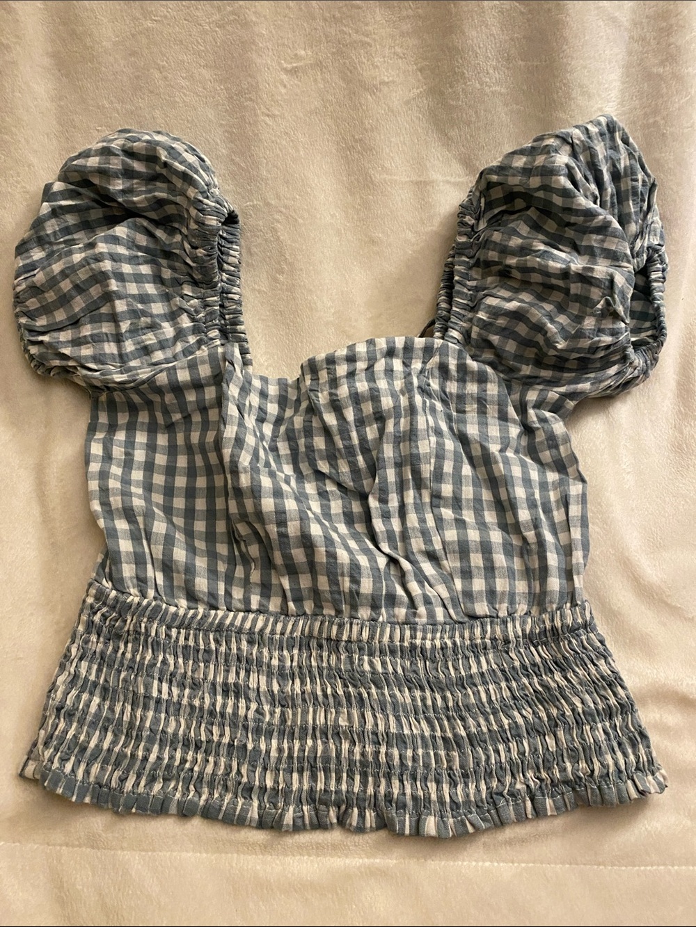 SIM & SAM Blue Gingham Puff-Sleeve Smocked girls Crop Top